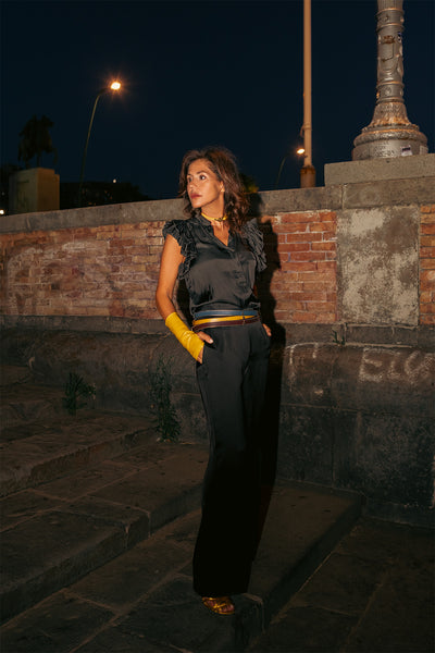 Cintura sottile Nina blu cosmo piping cioccolato